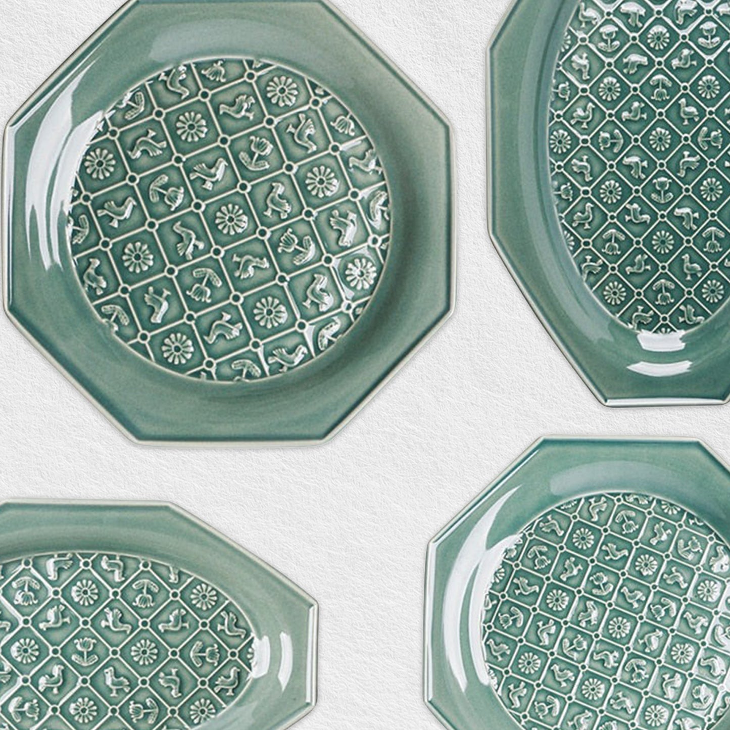 Green Octagonal Ceramic Embossed Plates