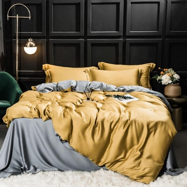 Set di biancheria da letto in seta giallo-grigia