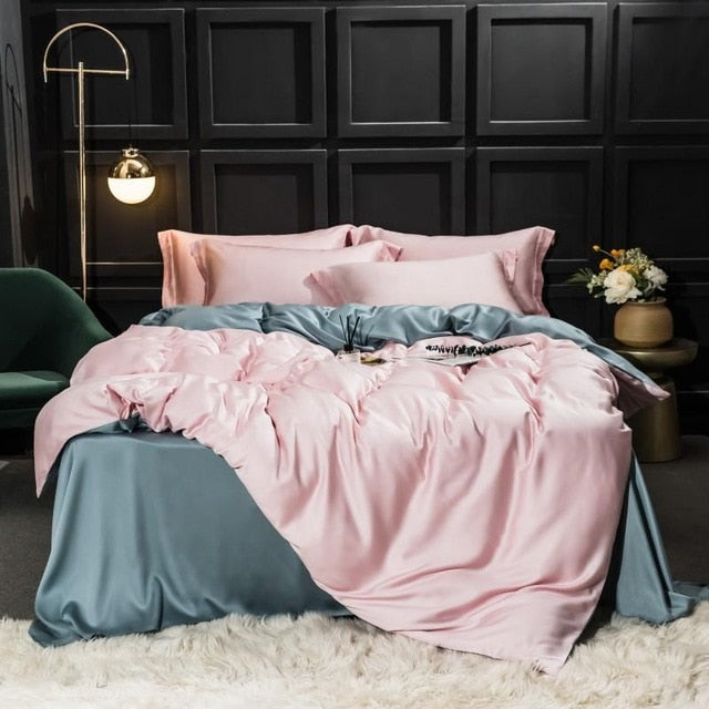 Set di biancheria da letto in seta rosa e grigia