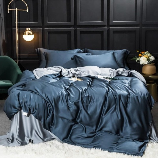 Set di biancheria da letto in seta blu navy
