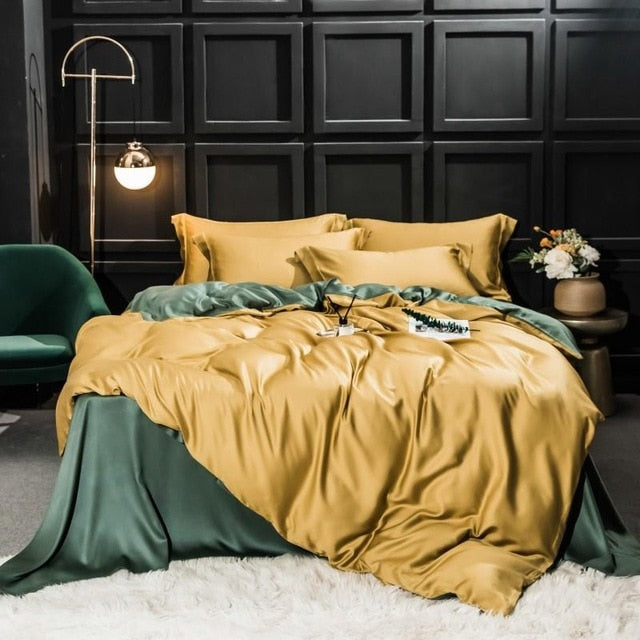 Set di biancheria da letto in seta giallo-verde