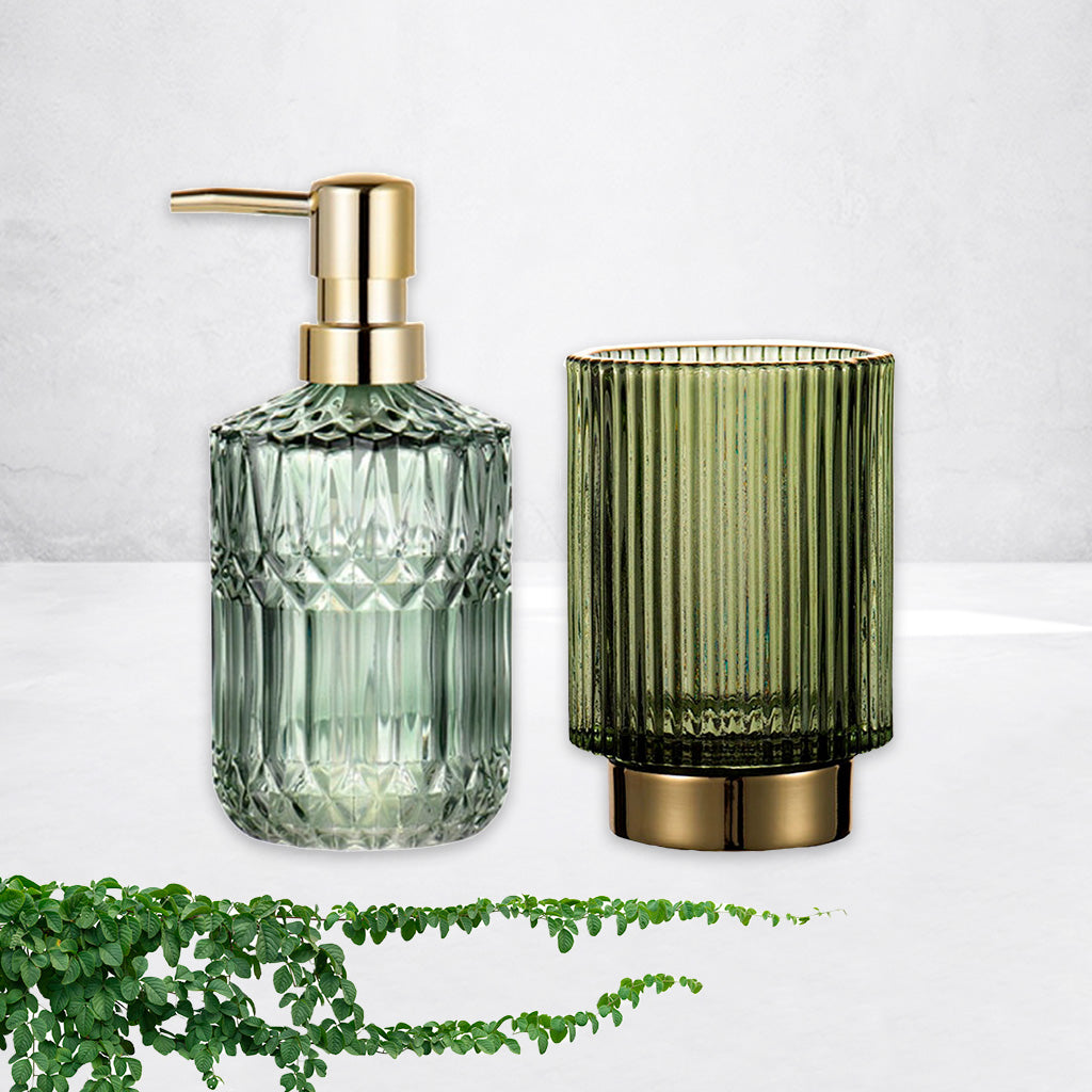 Glass Opaque green bathroom accessories Soap bottle and toothbrush cup