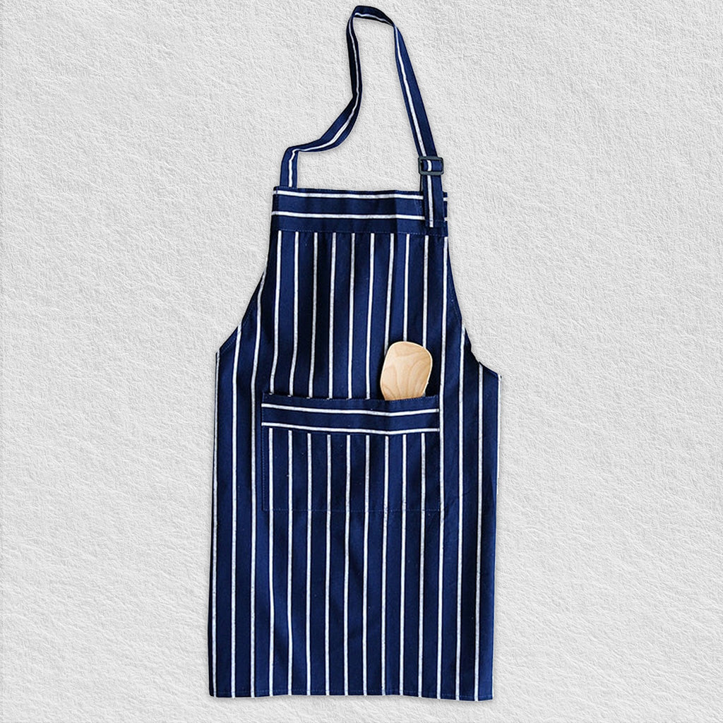 Blue cotton kitchen apron with white stripes