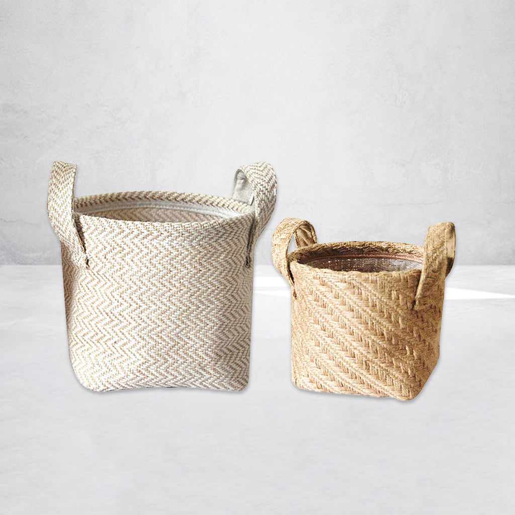 Wicker jute and beige baskets for home organization.