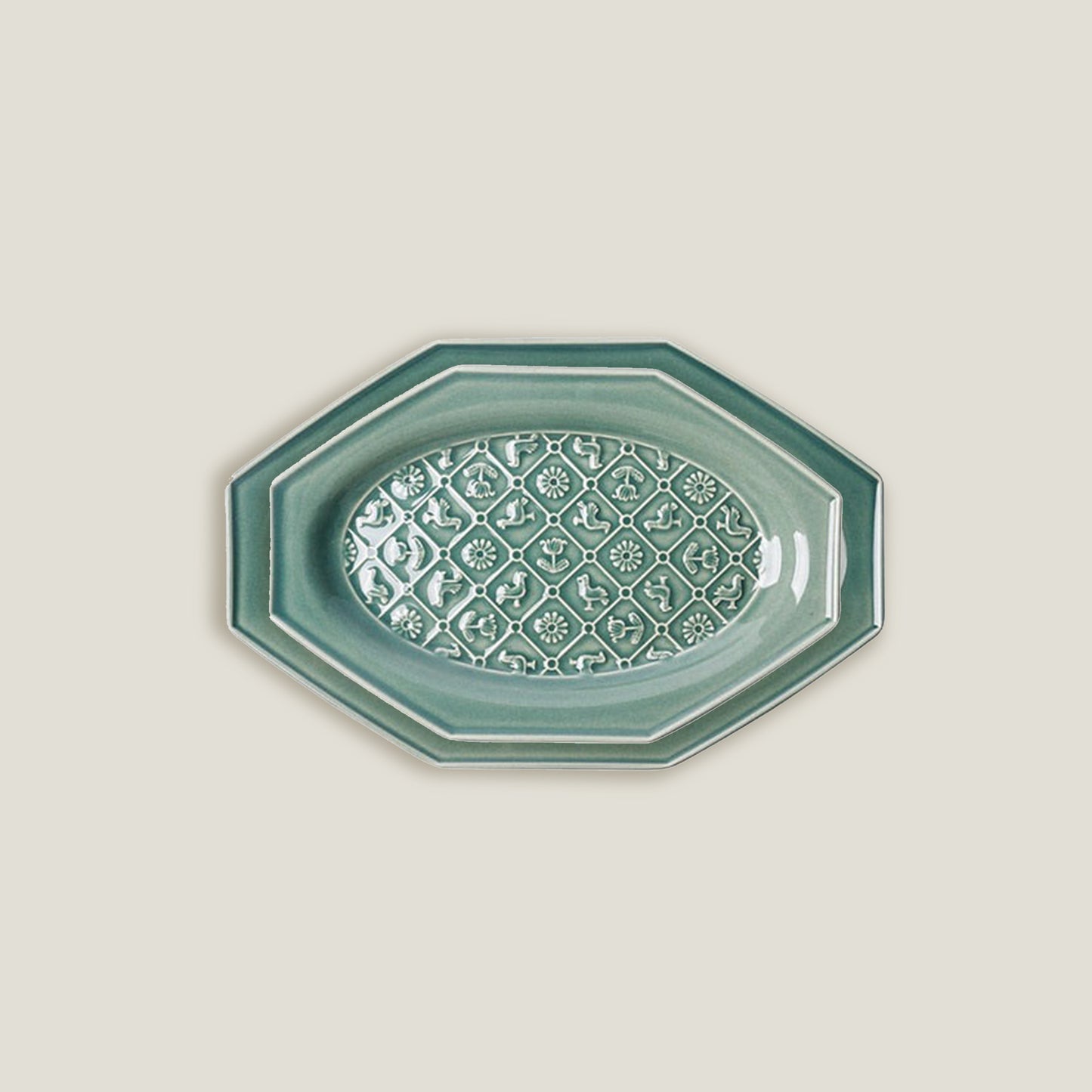 Green Octagonal Ceramic Embossed Plates