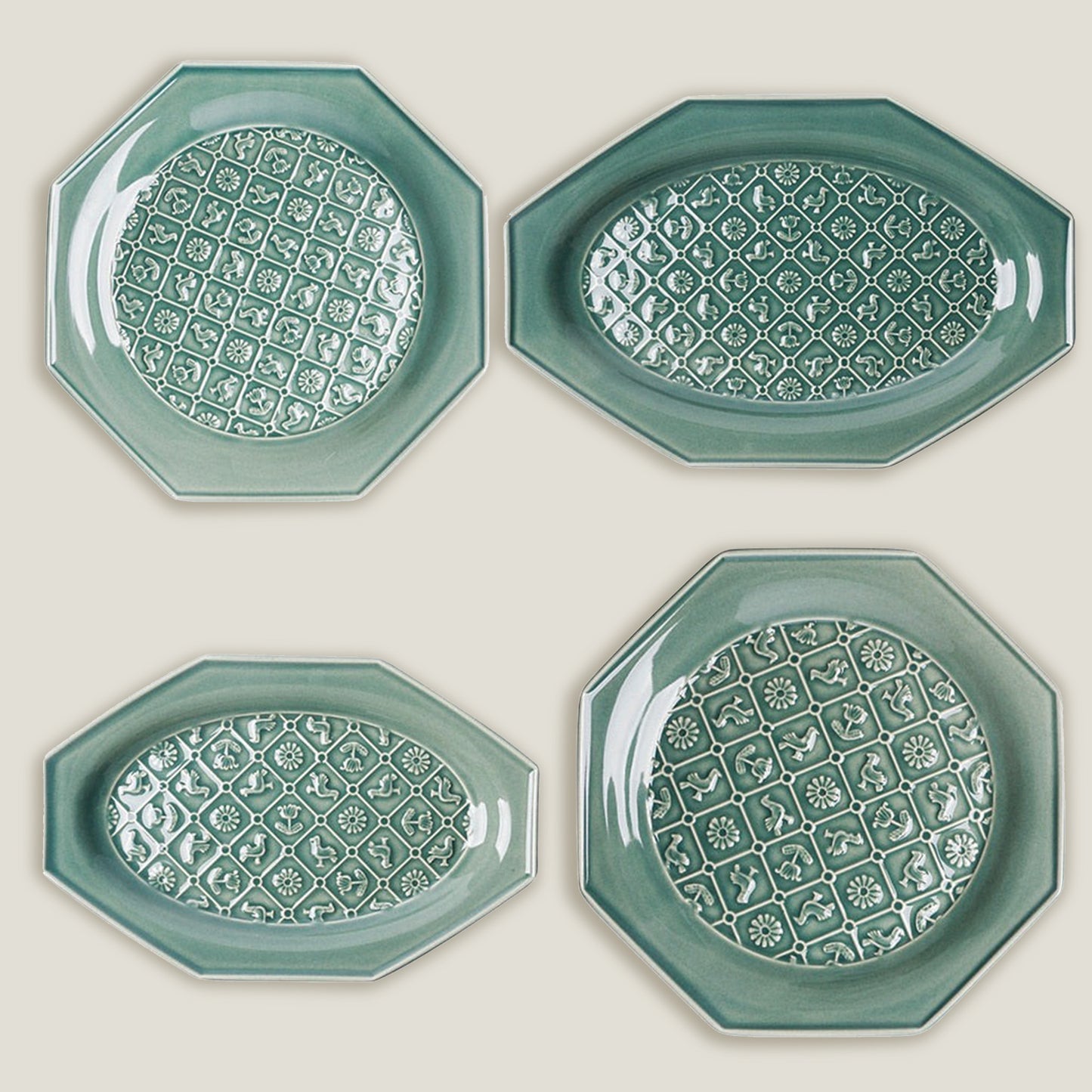 Green Octagonal Ceramic Embossed Plates