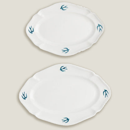 Blue White Bird Oval Dinner Plates