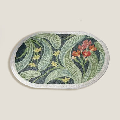 Black Plants Oval Thin Bath Mat