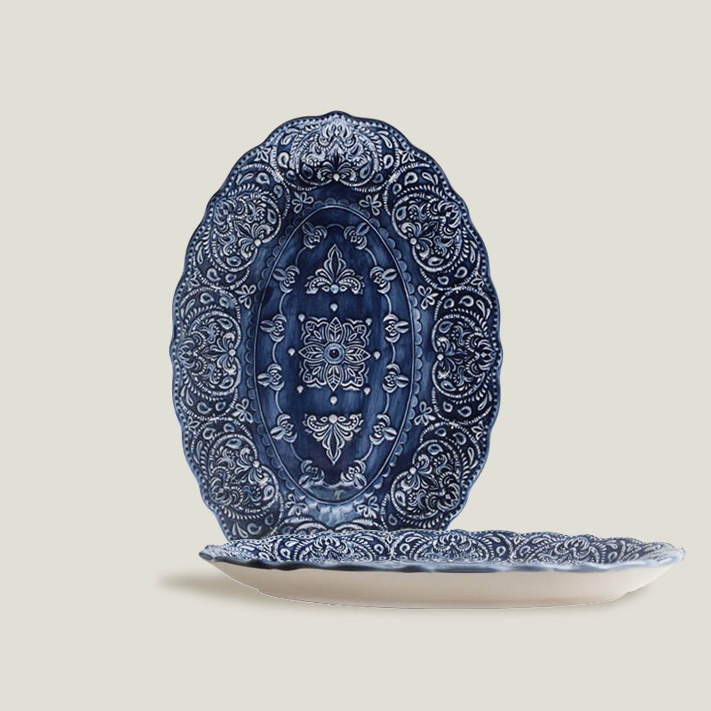 Blue Embossed Dinner Oval Plate