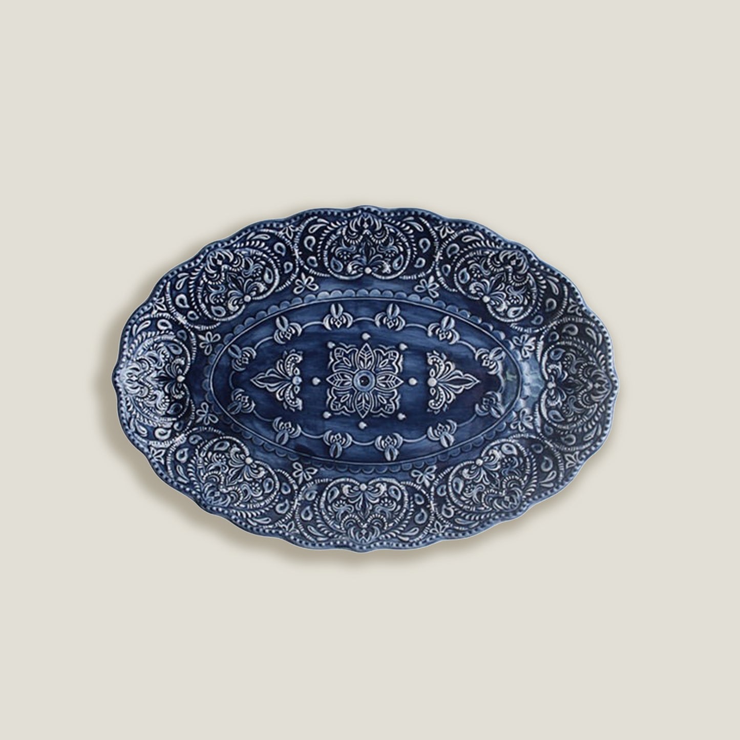 Blue Embossed Dinner Oval Plate