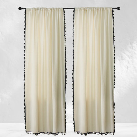 Beige Curtains with Black Tassels