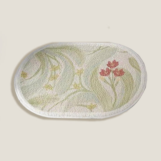 Green Floral Oval Thin Bath Mat