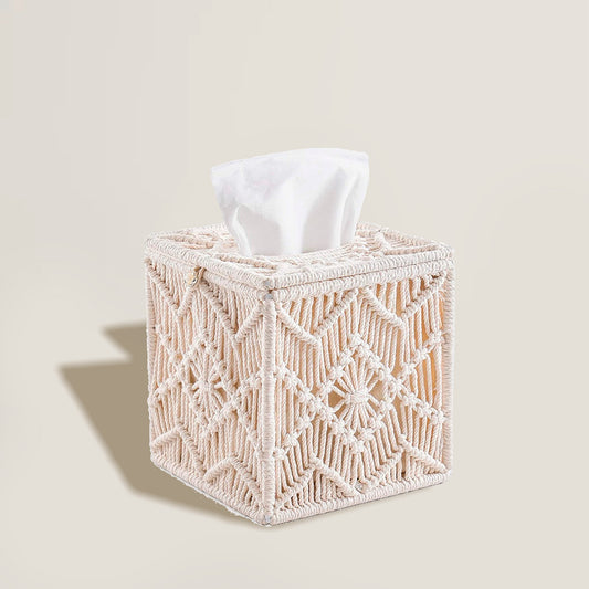 Beige Crochet Square Tissue Box Holder