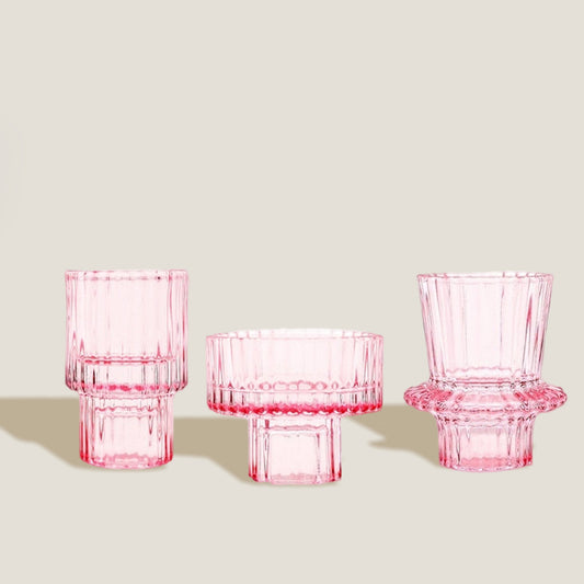 Kerzenhalter-Set aus rosa gestreiftem Glas