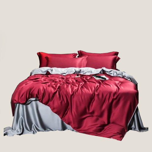 Червен копринен комплект постелки
