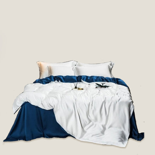 Бял син коприна спалня комплект