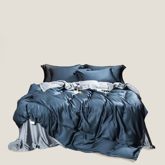 Синьо тъмносиньо копринено спално бельо