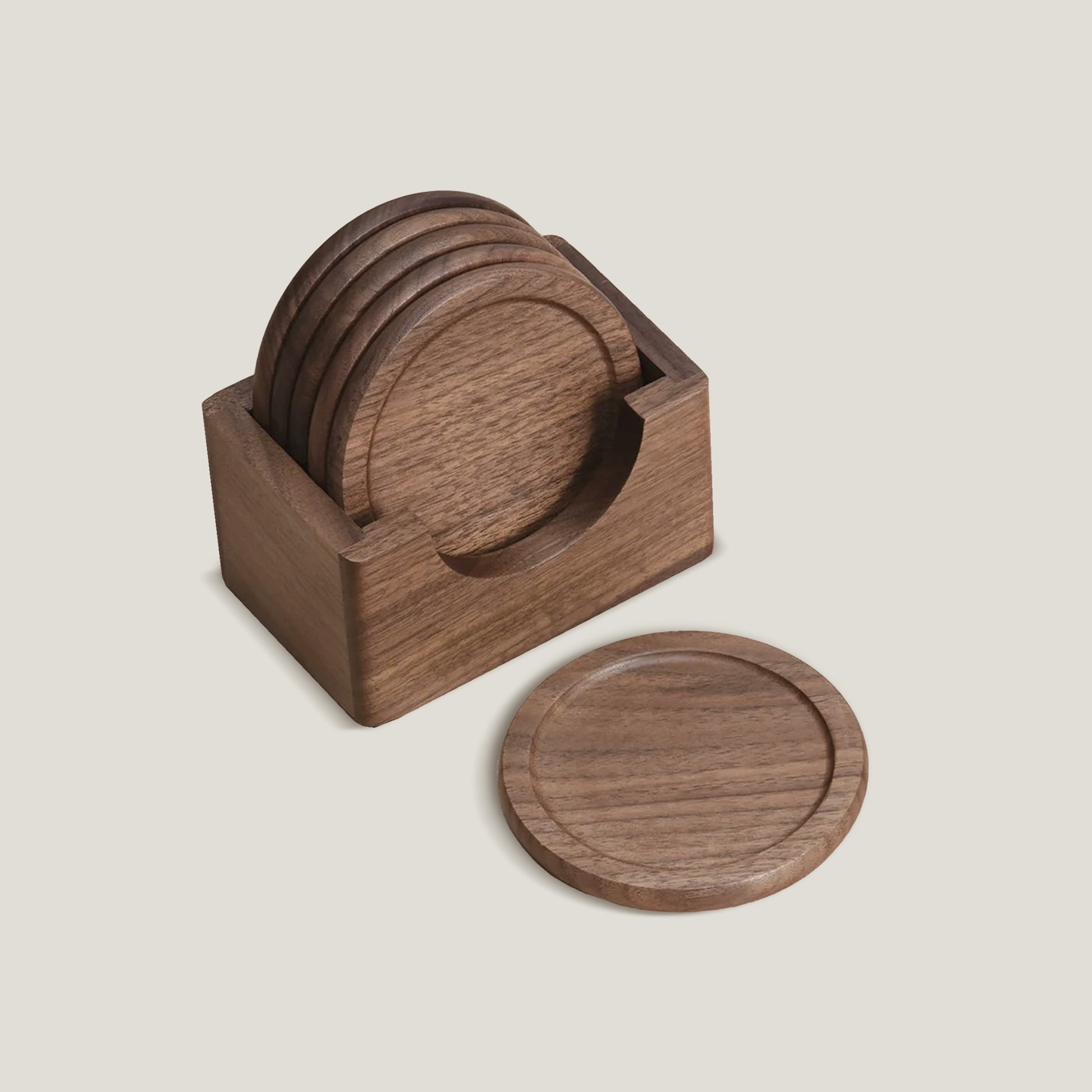 walnut wood coaster set, 6 pieces set with holder, round shape, color dark chocolate