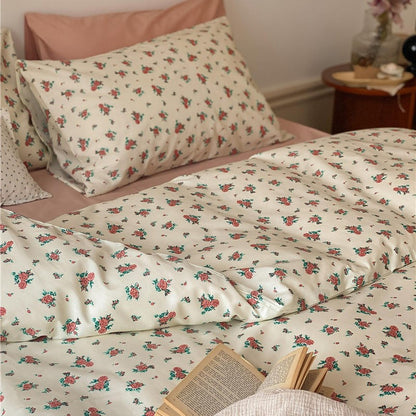 Beige Red Floral Bedding Set