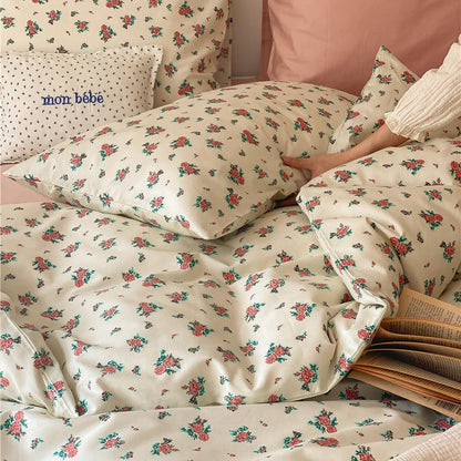 Beige Red Floral Bedding Set