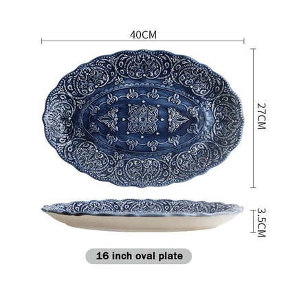 Blue Embossed Dinner Oval Plate