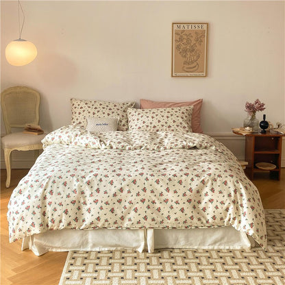 Beige Red Floral Bedding Set