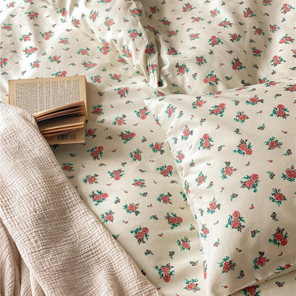 Beige Red Floral Bedding Set